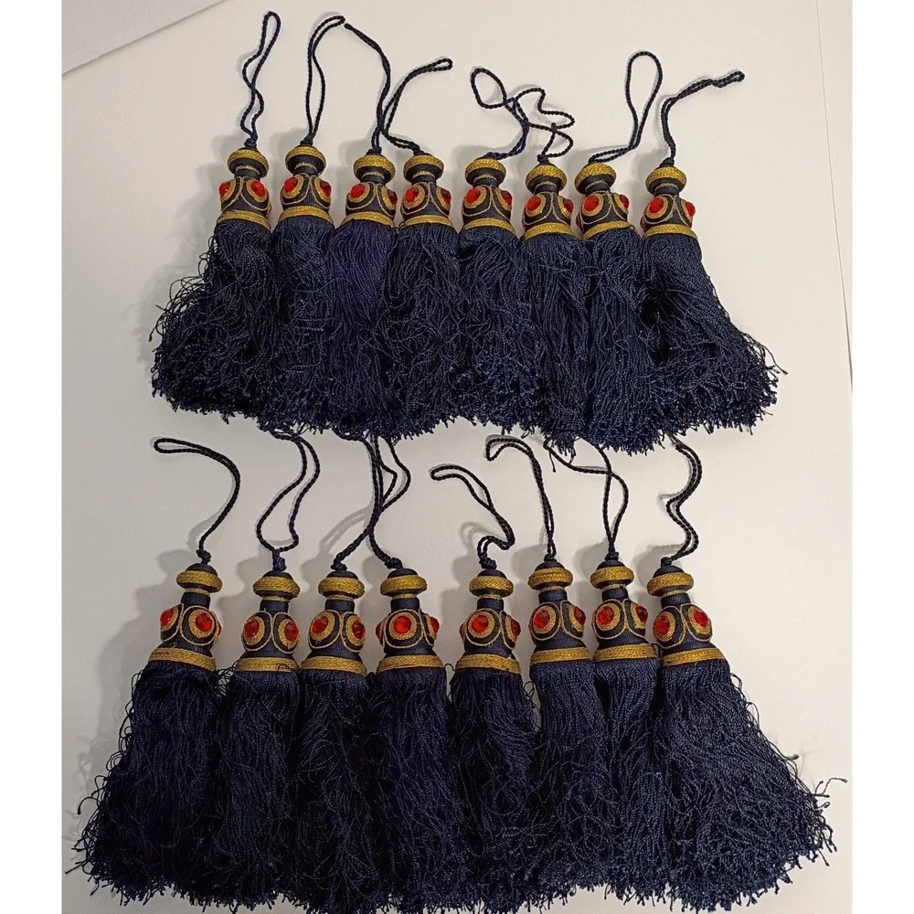 16 Navy Blue Gold Jeweled Tasseled Christmas Ornaments, Curtain Tassels, 7